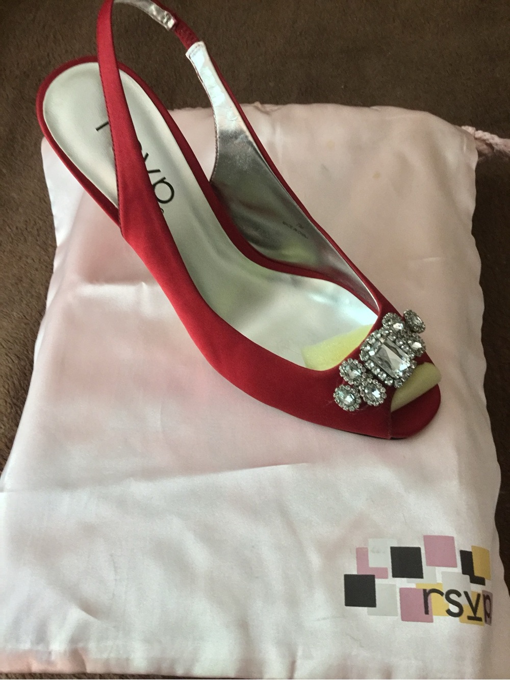 RSVP Red Satin Slingback Heels with Crystal Brooch